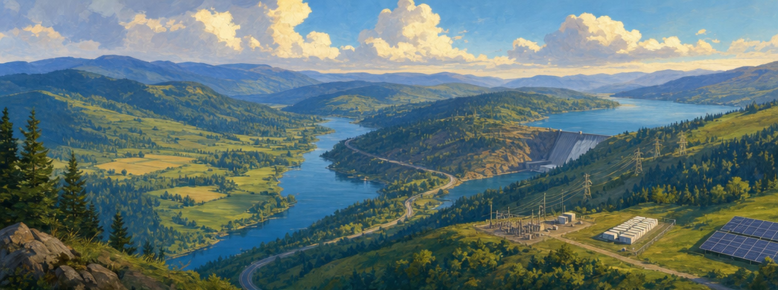 A river valley seen from a ridge: farmland, forest, and a reservoir held by a dam, with a substation, a row of battery enclosures, a solar array, and a transmission corridor set small into the terrain.